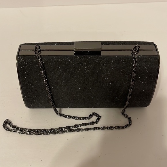 Clutch Purse Black Sparkle with Hideaway Metal Fancy Shoulder Strap. - Picture 8 of 9
